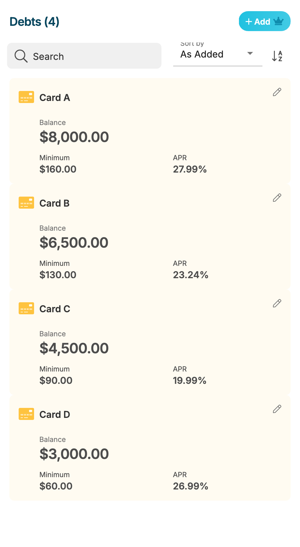 Four credit card debts entered in Debt Payoff Planner, showing balances, minimums, and APRs from 19.99% to 27.99%