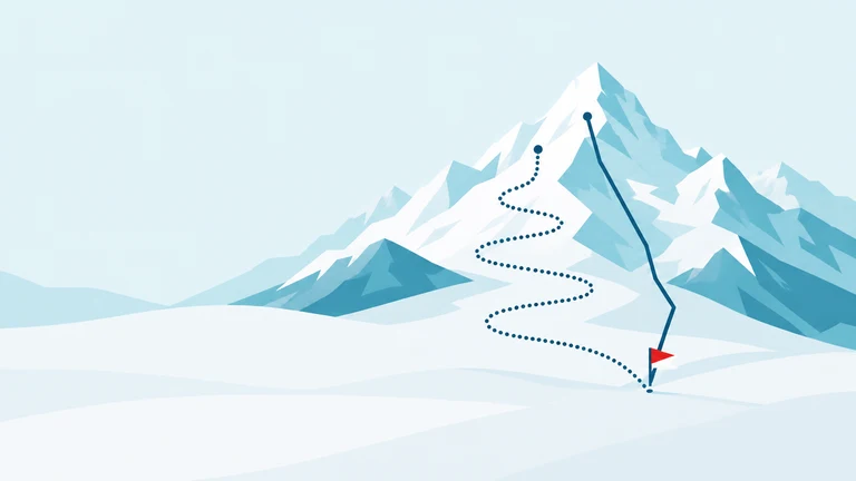 Two routes down a mountain, a steep direct line and a longer switchback, meeting at one debt-free flag